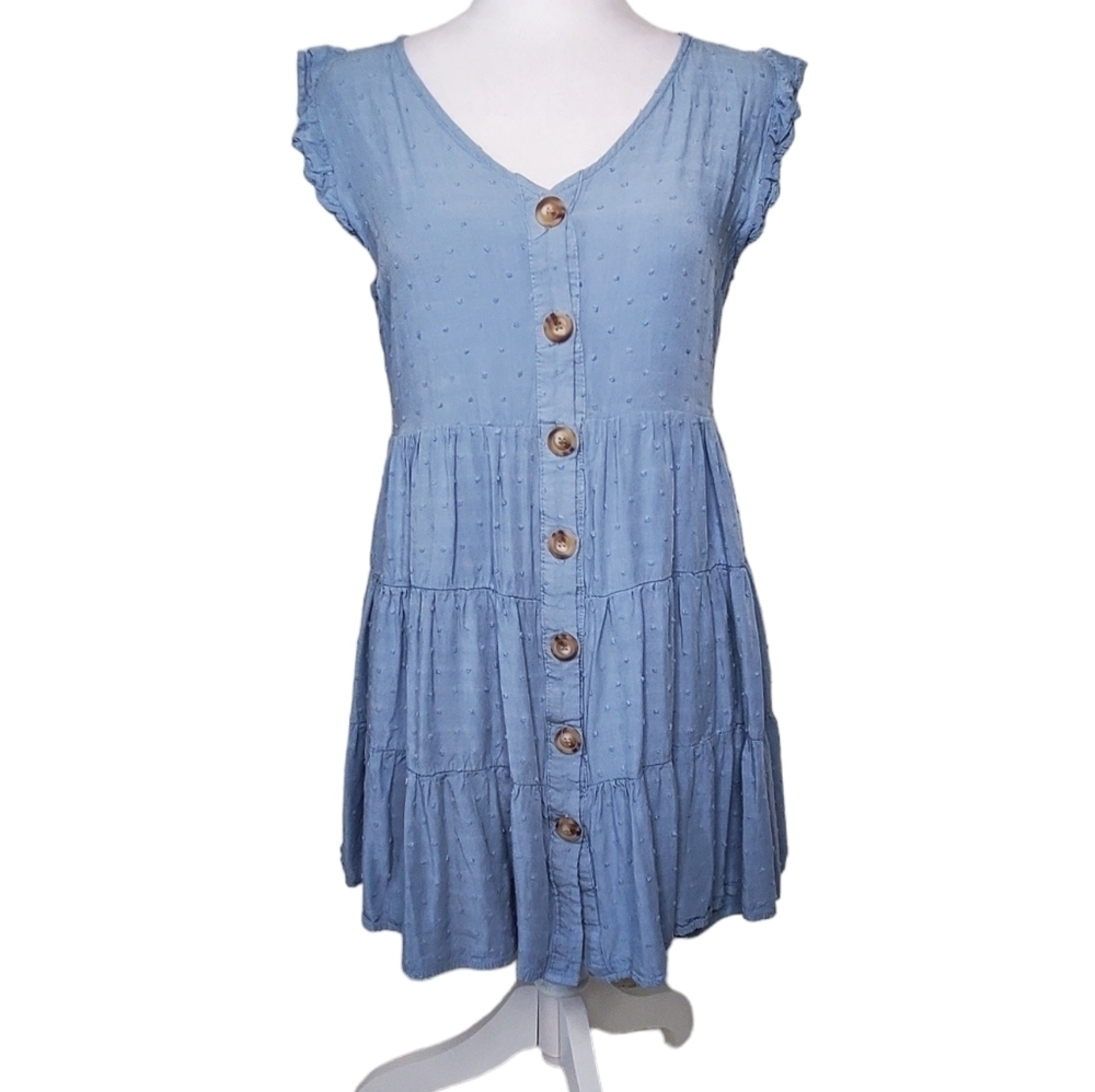 blu pepper Women’s Tiered Chambray Button Front Dress Ruffle Sleeve Size Medium - Picture 1 of 7